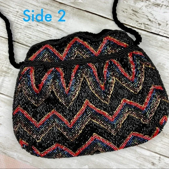 VINTAGE Flapper Bohemian Beaded Purse Black Gold Red Peacock Blue Evening Clutch - Picture 8 of 10